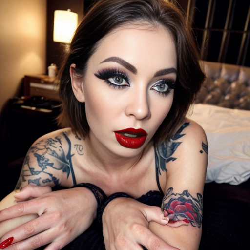 full body image of a pale 40 yr old 6 ft 2, small bust, long dark brown hair, blue eyes, thin lips, nose stud, lip ring in the corner of her mouth, a stud through her philtrum,  stupidly really long eyelashes otherwise known as cumbrella`s,  long coloured fingernails, tattoo`s on both arms with faded red and yellow colours, a tattoo across the top of her chest from shoulder to shoulder of a flower chain of roses, tattoo over her belly button of a small sun, tattoo on her right thigh is a dragon and the tattoo on her left thigh says Amelia with three  rose flowers in a line over the top of the name amelia, a grapevine tattoo on one of her ankles, full heavy make-up,red lipstick (very slutty make-up).