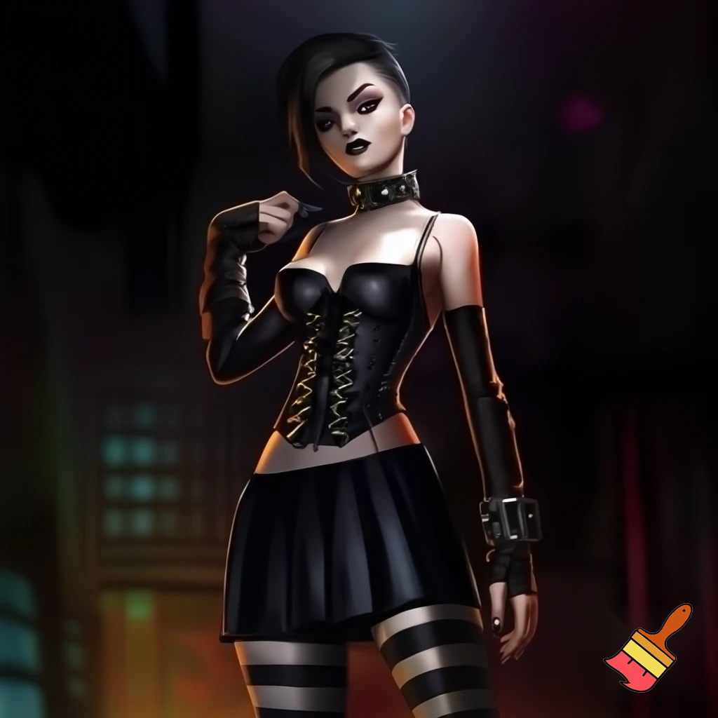 Attractive woman with an undercut and bold makeup wearing a spiked collar, buckle arm warmers, a corset, a body belt, a pleated skirt, vertical striped stockings and platform boots 