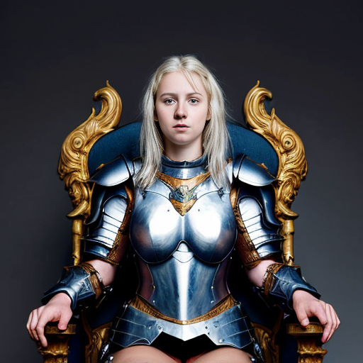 young tall white-haired woman in armor sits on a throne