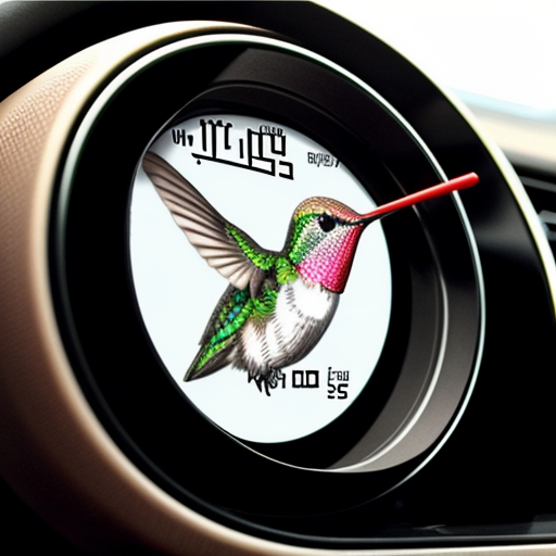 Create an image of a hummingbird with a speed gauge like in a car, with mph, on it that is red lining which means the line is in the red and going really fast, make it highly detailed.