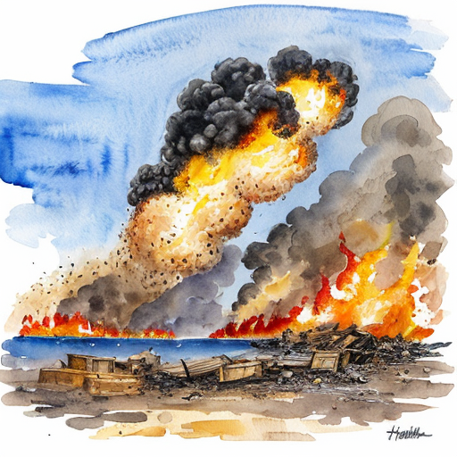 a superhero flying while  carrying a dog from a bomb explotion. show a destroyed city in the baground  horrizon up in flames and make the whole pictur have colour

