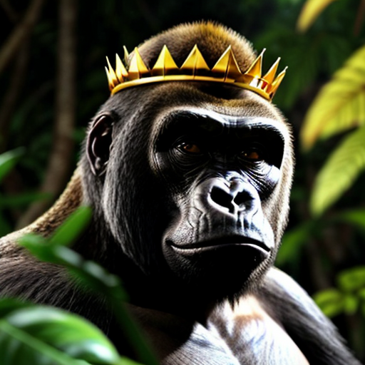 a big king gorilla with a golden leaf crown in the jungle with red eyes