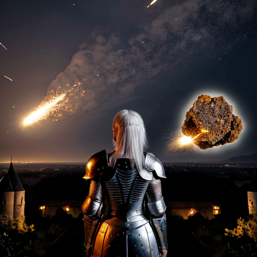 young white-haired woman in armor watches as meteorites fall on her castle