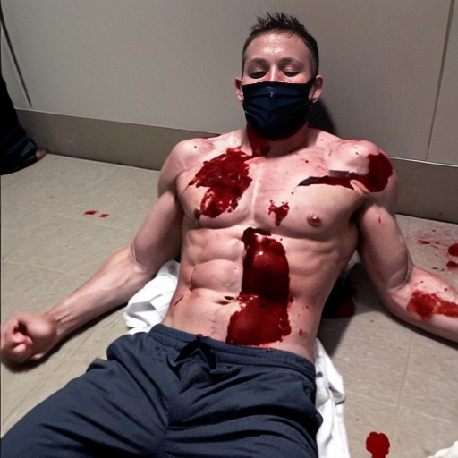 shirtless random man (neighbor, not everyone has abs or 6 pack.), face are hiding by shirt, died already, chest are open wounded circle in random man, blood everywhere, eye closed, floor on corpse body, not pant less.