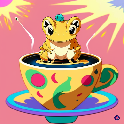 A hillarious, funny boho toad with some hippie colored coffee cups. Psychedelic decorated background. Gleaming and touch.
