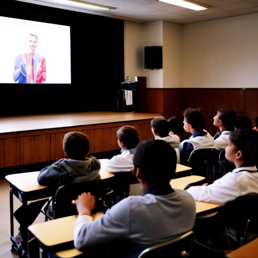 Students watched a recording of the speech delivered at a boys school assembly 
•	The speaker begins in a calm voice and pauses briefly before the word “future.”
•	When he says “the potential of our youth,” he raises his voice for emphasis.
•	He points toward the students sitting in front of him and smiles.
•	A large screen behind him shows images of rockets launching and students studying in classrooms.
•	The audience begins clapping before the speech ends, and the speaker nods in response.

