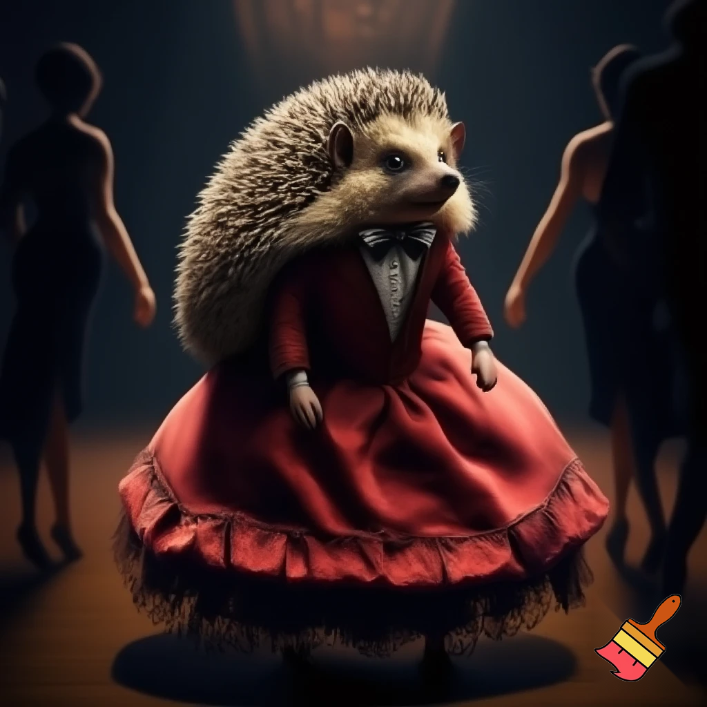 Hitler wearing a red dress taking a giant hedgehog to dinner