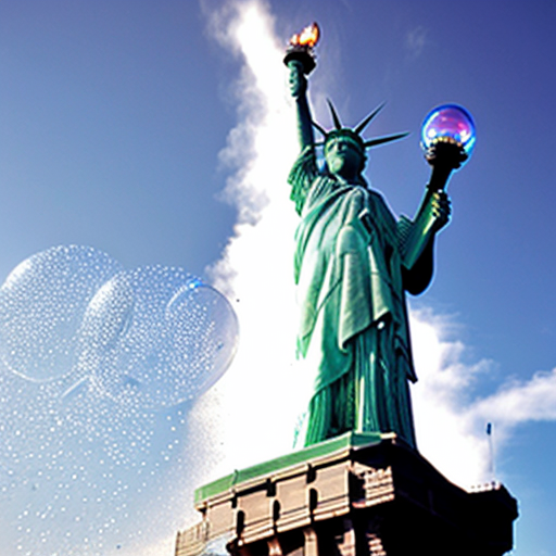 statua della libertà formata solamente da tante piccole bolle di sapone. non deve avere parti che non siano di bolle di sapone. a figura intera