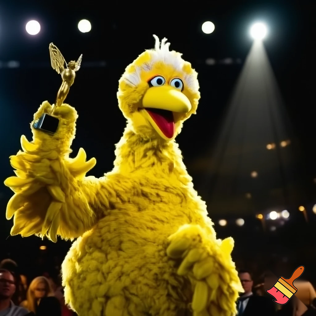 Big bird from Sesame Street winning a film award 