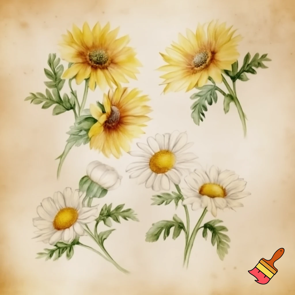 A watercolor botanical illustration on textured paper, featuring sunflowers and matricaria chamomilla (chamomile) flowers arranged in various natural positions. Each flower is delicately hand-painted with soft, muted colors and detailed leaves, inspired by vintage botanical studies. The artwork should have a harmonious composition, with warm earthy tones, subtle shadows, and a gentle, natural feel, matching the style of traditional watercolor plant illustrations.