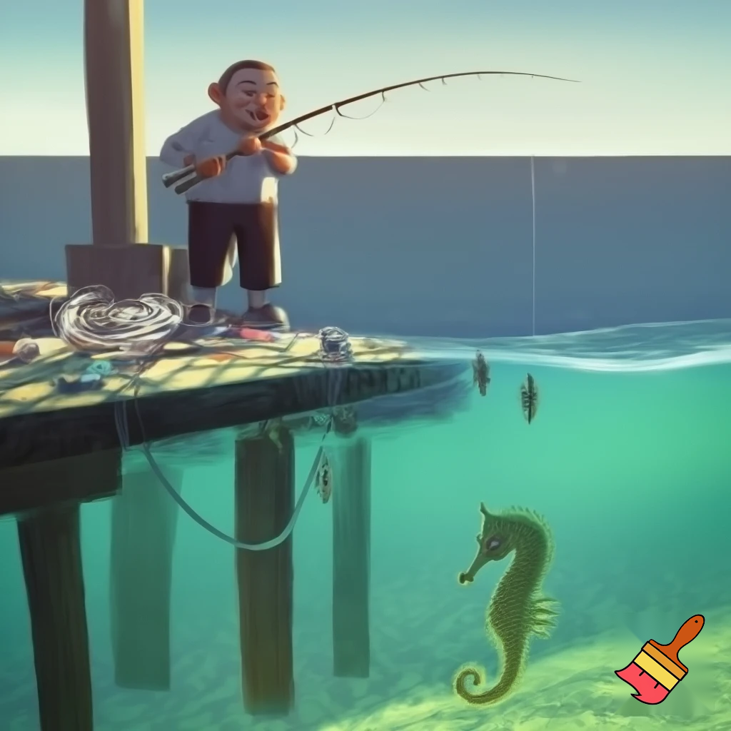 Immagine di un pescatore pensieroso ed indeciso su quale tecnica alieutica debba usare per catturare un cavalluccio marino.
Mostrare le diverse possibilità in una serie di nuvolette nel cielo azzurro.
Lo stile deve essere cartoon.