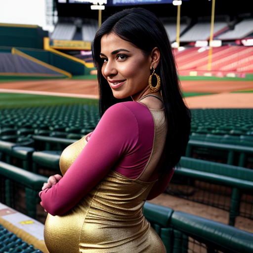An erotic closeup photograph of a full body rear view from behind, of a nude 50 year old pregnant Arab woman looking over her shoulder, with dark tanned skin, very long flowing straight black hair with grey streaks, gold earings and necklaces, stands in the seats of a baseball stadium during a game. The woman has extreme unrealistic body proportions, with unrealistically large buttocks, hips, and breasts. A red draped flowing dress covers her entire nude body but is dropped to reveal her nudity with a focus on the woman's buttocks. The woman's face shows a mixture of happiness, pleasure, and exhaustion. A crowd of boys and girls cheer her on.