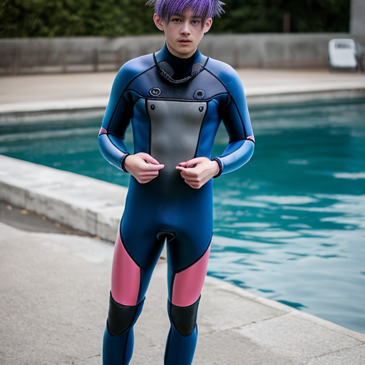 anime teen boy with purple hair wearing blue full body wetsuit layered with denim jacket