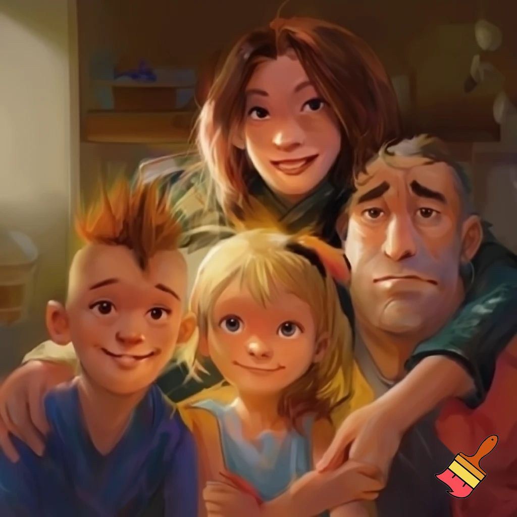 Family of four with a young girl with blonde about five years old, a boy about ten years old with a Mohawk, a mum with messy hair, and a dad whose always serious with patchy hair

