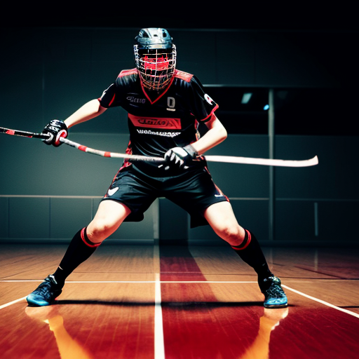 Dynamic action shot of a professional floorball player shooting with the "RAGE STRIKE PRO" stick. Motion blur on the ball, aggressive posture, arena lights glowing in the background. Matte black carbon shaft with blood-red torn graphics clearly visible. Red lighting atmosphere, sweat particles in air, intense sports photography, shallow depth of field, high shutter speed effect, ultra-realistic, cinematic, 8K.