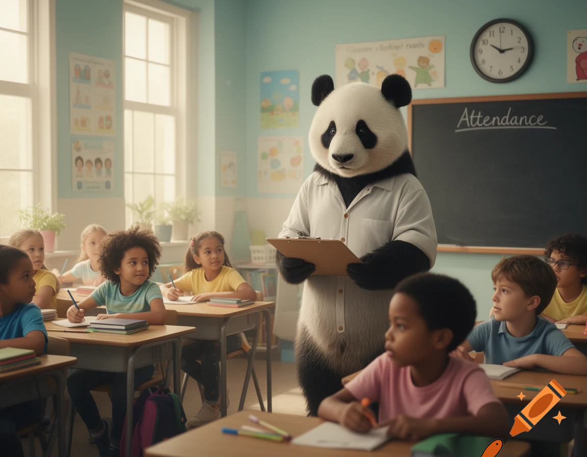 a panda teacher checking if everyone is here in school