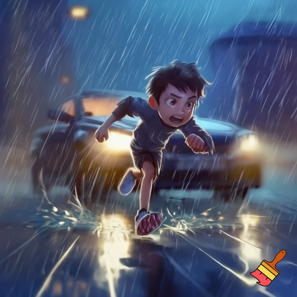 11 yr old boy running to the car in the rain
