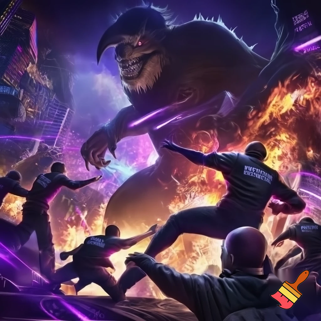 esports team the London royal ravens fighting a big alien wearing mr beasts head