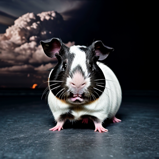 teddy the guinea pig is round in an epic pose with Elbrus on its back as part of its body, with blue neon eyes and atomic breath in the clouds and thunderstorm, with cinematic lighting for drama