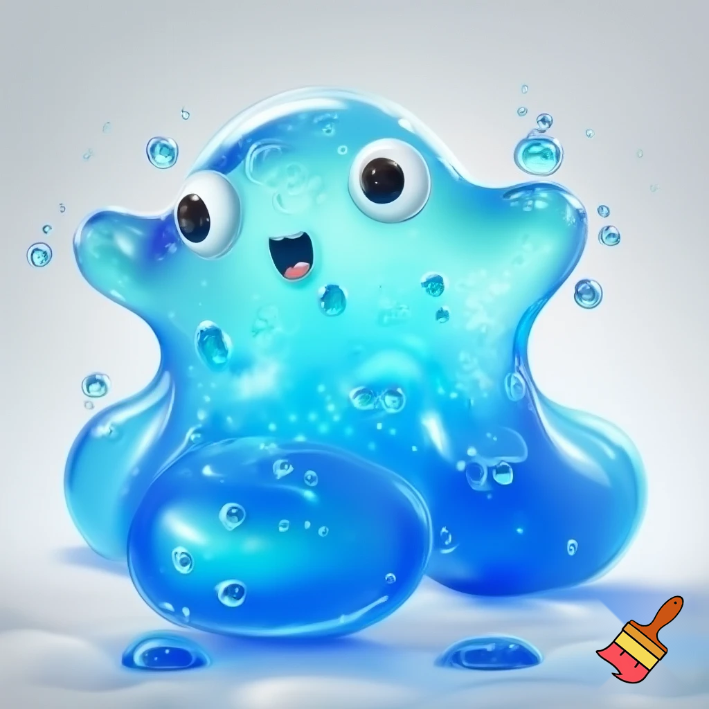 A bouncing slime creature made of bright blue gelatin full of floating bubbles inside. The body stretches and squishes with each movement, translucent and shiny like liquid glass. His expression is joyful and playful, with bubbly energy all around him. He looks friendly, silly and lively, like a magical creature made entirely of cheerful slime.
