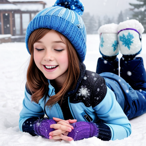 Create a pinkie pie equestria girls wearing light blue knit hats, light blue winter jacket, light blue mittens, purple pants and light blue boots in on back - lying down snow and making a snow angel in eyes closed and tooths grinw