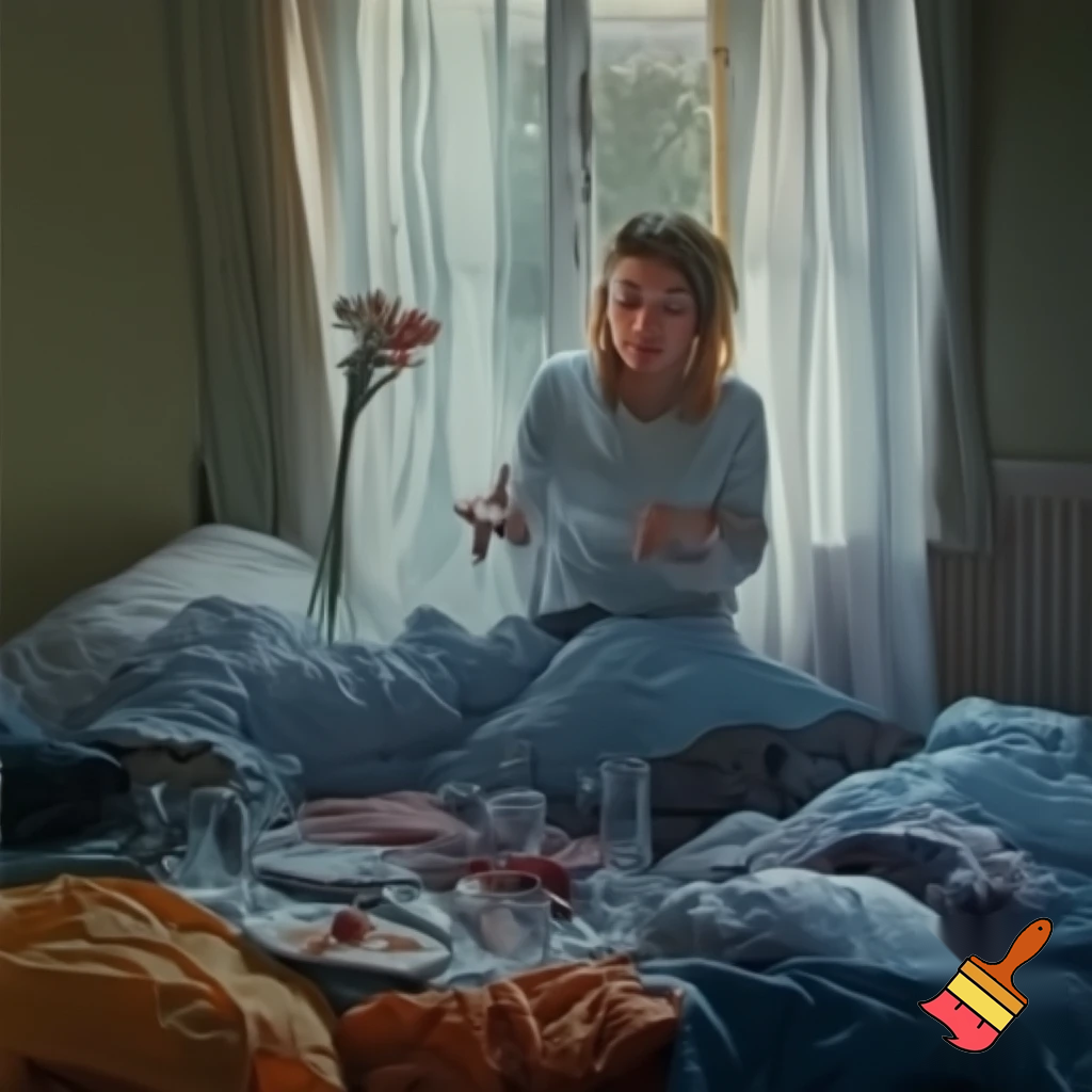 „A messy bedroom in the early morning, weak cool daylight coming through the window. A frustrated person stands or sits in the room, looking annoyed at many small disturbing details: a half‑wilted bouquet of flowers, several empty glasses from the night before, remains of a eaten compote on a plate, clothes and everyday objects lying around in disarray. Mood: sobering, slightly depressing, plain morning atmosphere. Realistic, natural style, subtle colors, photorealistic lighting.“ Make it Format 1:1