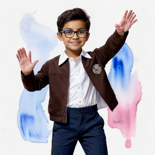 A Gacha brown skinned boy with dark brown hair, brown glasses and a brown pattern jacket with a white shirt, blue pants and black shoes. Waving at the camera 