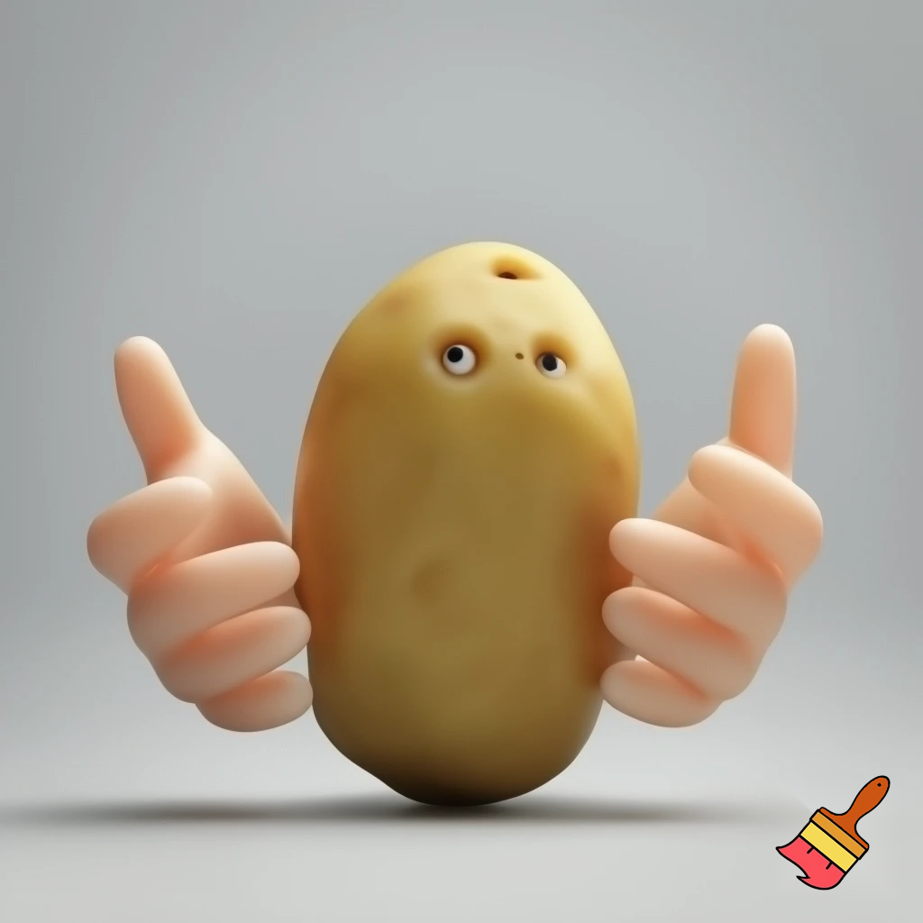 a potato having eyes and hands saying cheese
