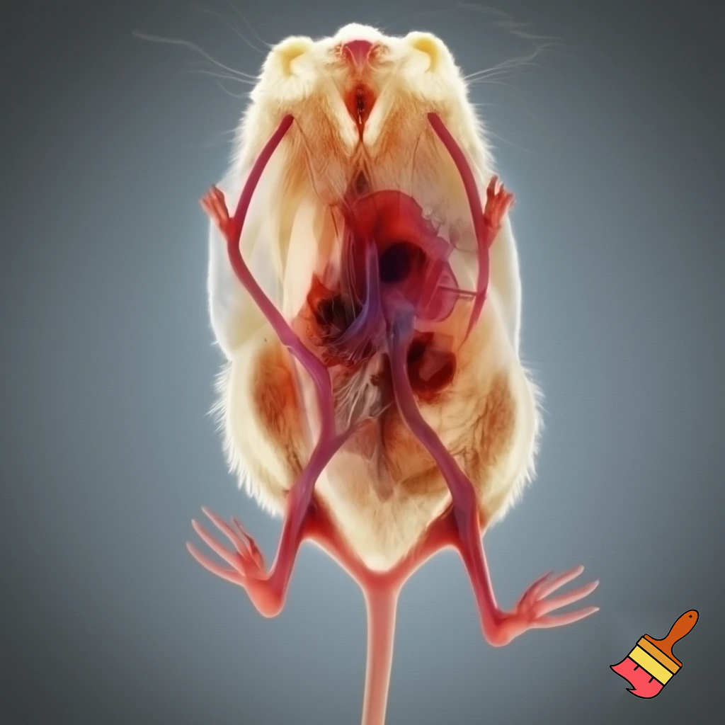 为我生成一张图片，图片中展示一个仰卧的小白鼠，在脑部、心脏、下腔静脉、后肢和肠系膜部位指示有血栓形成。