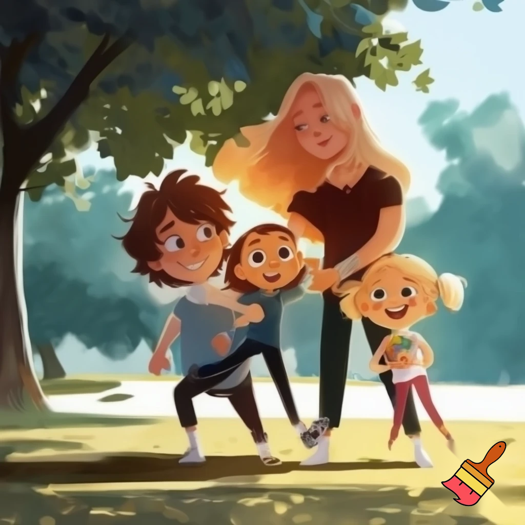 A family of four boy 10 years old girl 5 years old blonde brown hair 
