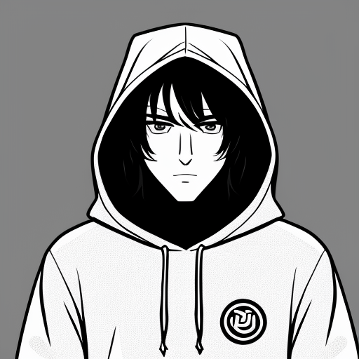  anime teenage boy wearing a dark blue hooded jumper with the hood up and his eyes are bright purple