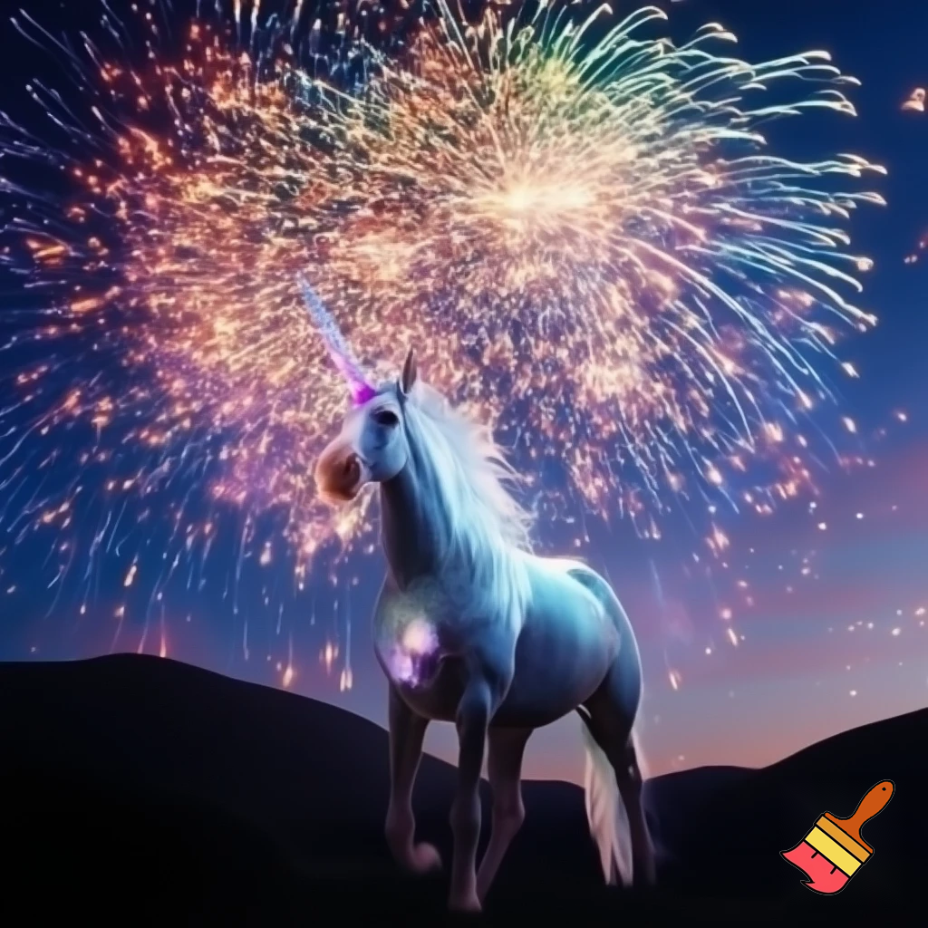 unicorno sotto fuochi d'artificio
