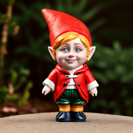 gnome with red hair and white eyes in a red outfit

