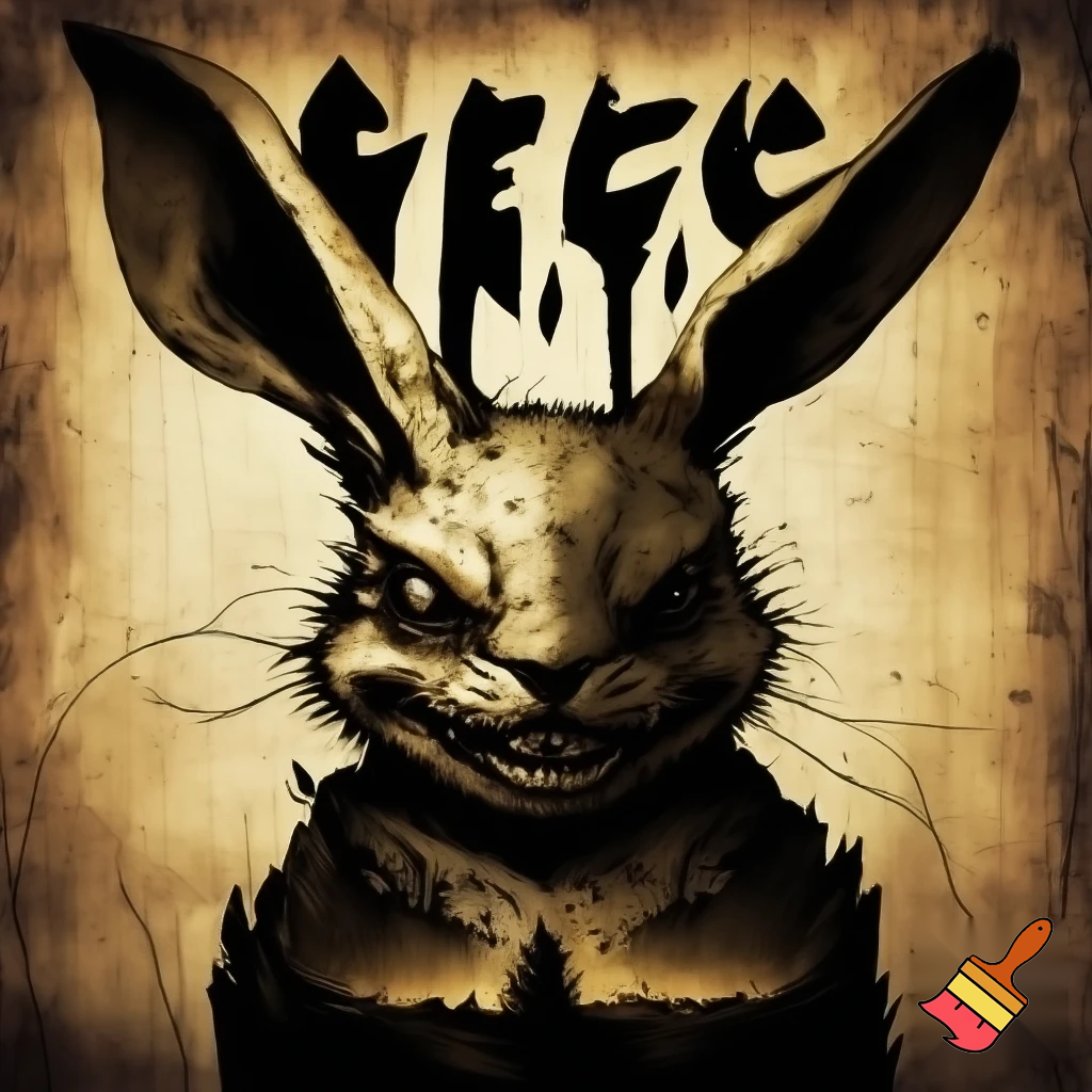 wanted poster of a rabbit smirking and looking sinister and menacing