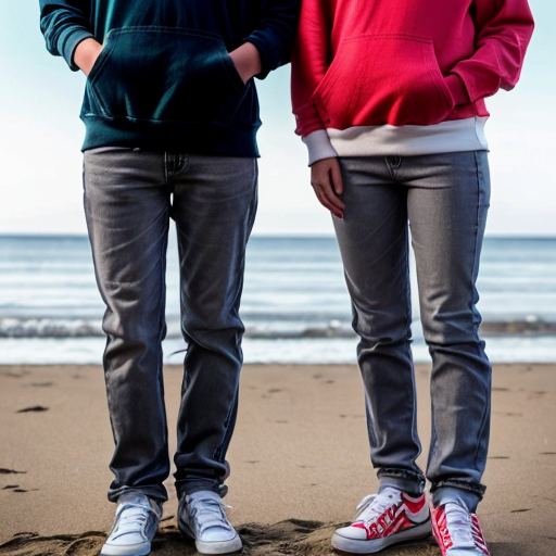 Create an image of two sisters standing next to each other. One of them, the old one, has brown hair and blue eyes. She is around 18 years old and her sisters head goes up to her neck. Her hair is long and silky. The younger sister has blonde hair and blue eyes. She is 13 years old. They are both wearing packing hoodies and baggy black jeans. The hoodies are dusky grey with your Australian flag on them however the jumpers have an old retro sort of vibe. They are at the beach. They have their Arms around each other they are both very beautiful 