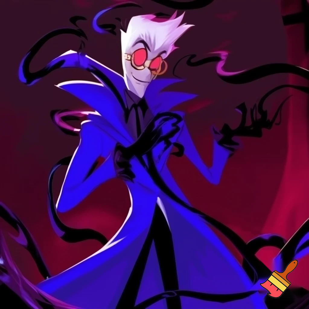 A tall, lean pale man with white hair, distinctive round brass glasses he has a stern look on his face. In cartoonish art style of hazbin hotel wearing his signature blue overcoat with black sinister smoke curling around him his hand reaching out, producing the black sinister smoke
With the physical proportions of Alistor from hazbin hotel