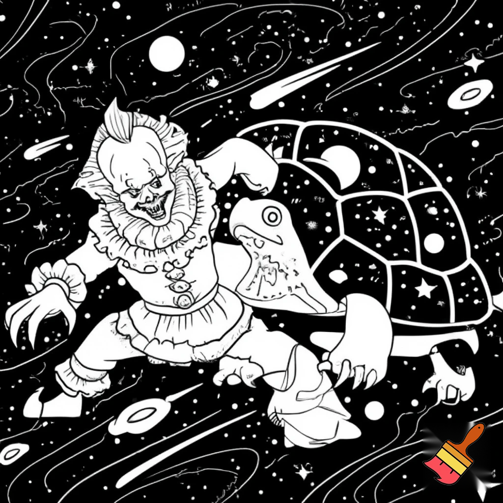 A coloring page of pennywise from IT fighting the giant turtle in space.