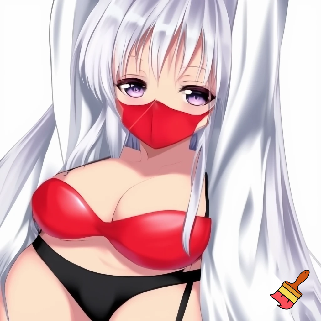 Anime girl 20 years old so cool and cute with red underwear clothes and tall white hair and her body is shiny and red because of heat do cool poses in white screen make it so anime