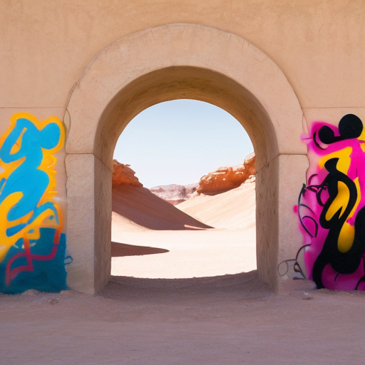 Put Graffiti in a desert arch onsisting of multiple abstract figures in Tanguy and Matisse style