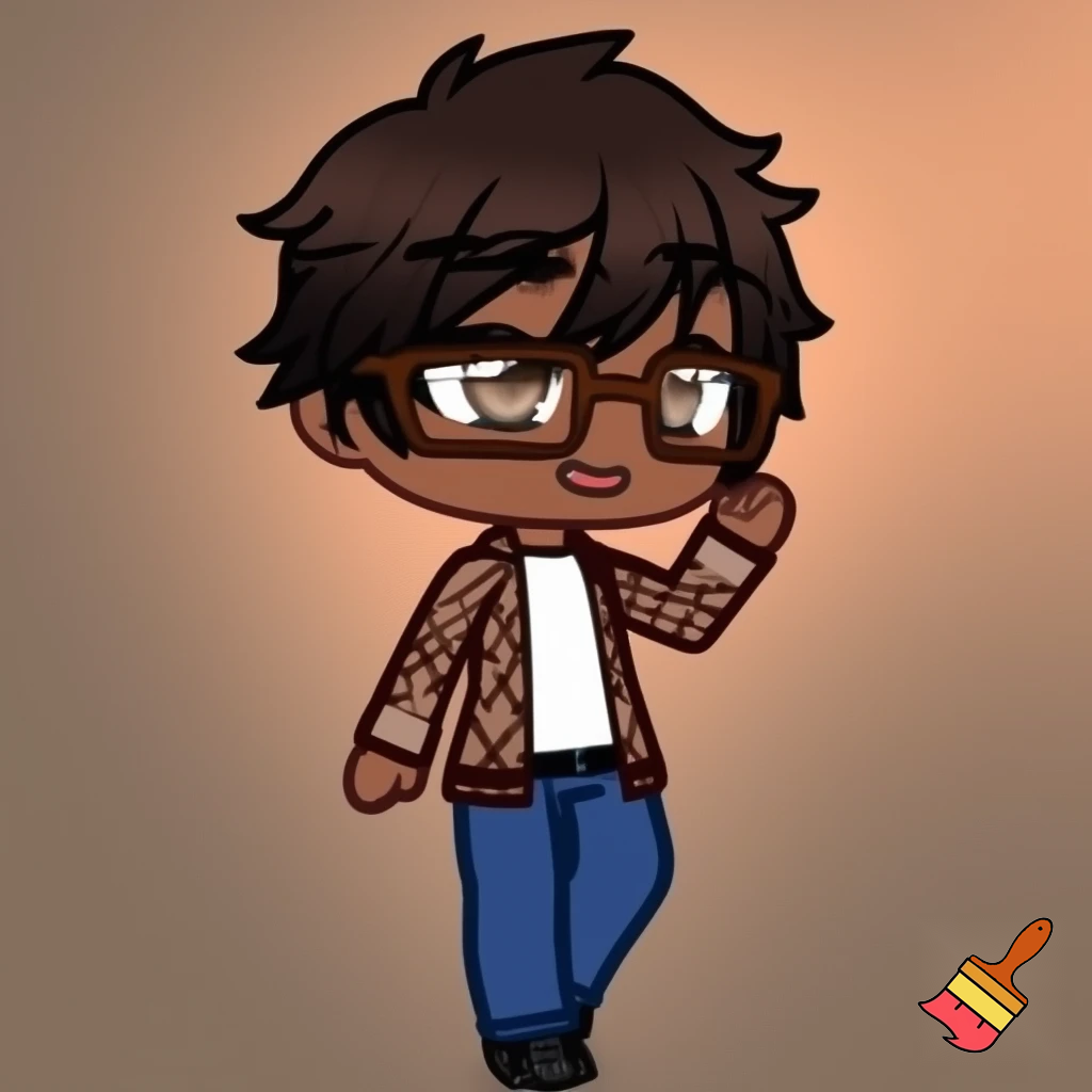 A Gacha brown skinned boy with dark brown hair, brown glasses and a brown pattern jacket with a white shirt, blue pants and black shoes. Waving at the camera 