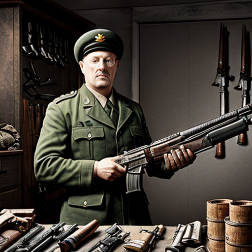 create ad image of a war collectionist full of weapons and kanonen
