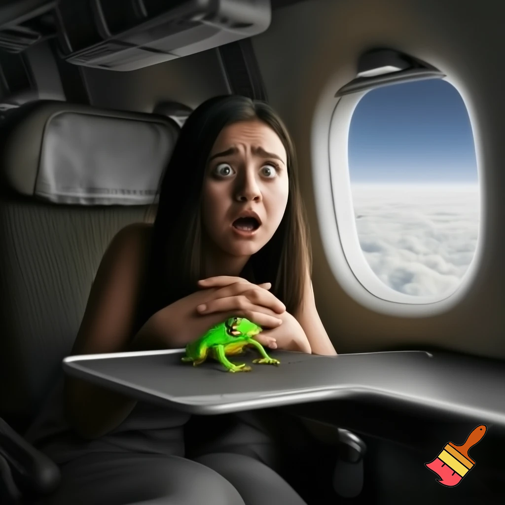 a woman at the plane was scared of a frog


