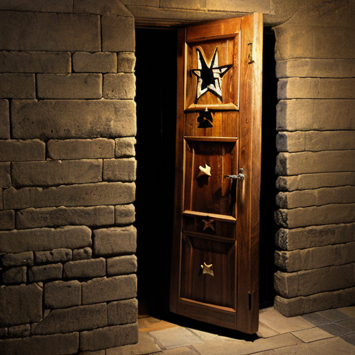 a wooden door with a star scratched onto it in a dark passage way with stone bricks.
