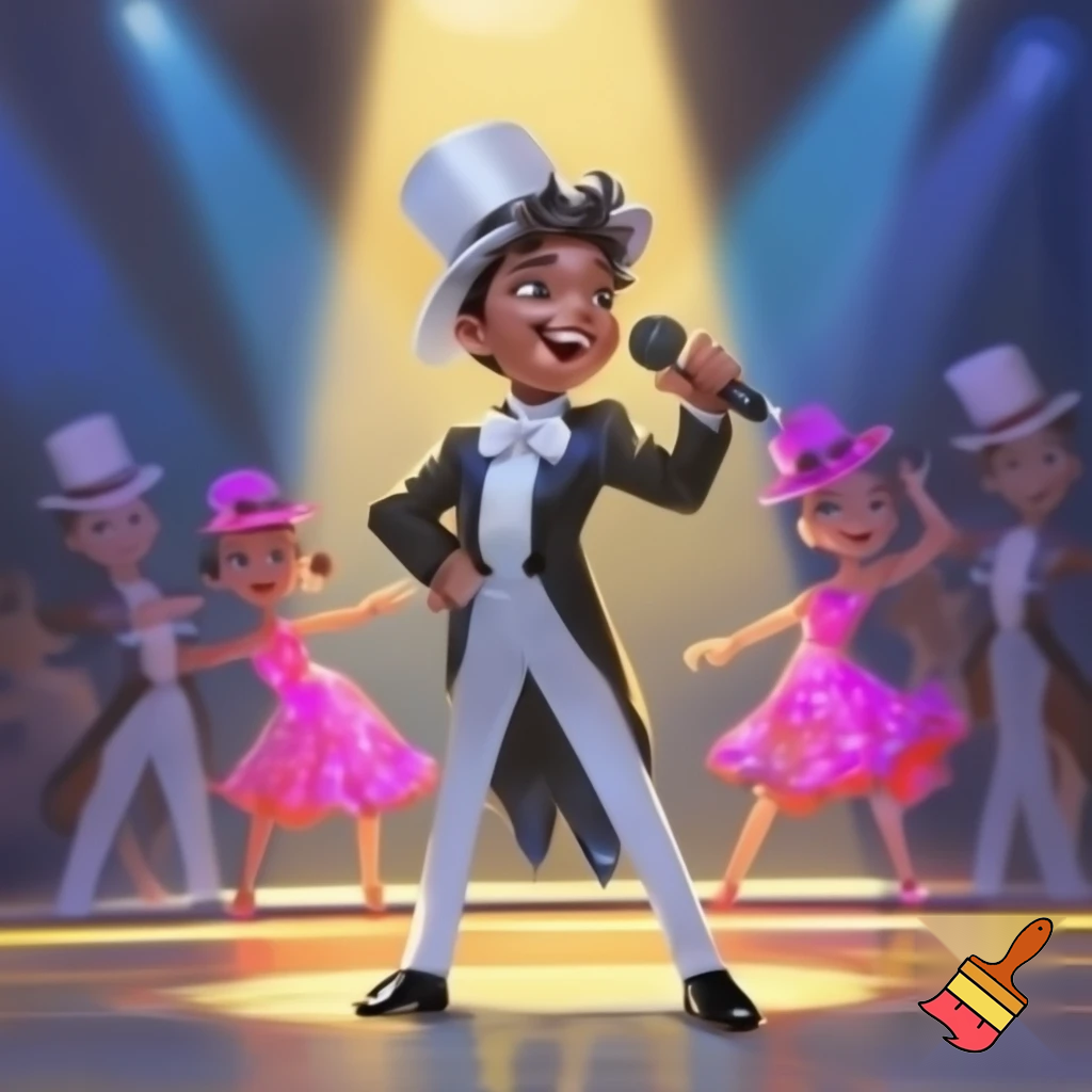 Preteen Boy in Shiny Top Hat White Bowtie Black Tailcoat Black Shiny Shoes Singing in Microphone on big Stage smiling. Behind him, two dancing boys in Top Hats and Tailcoats and two dancing Girls in Shiny Pink Hats and Sequined Pink Ballroom Dresses