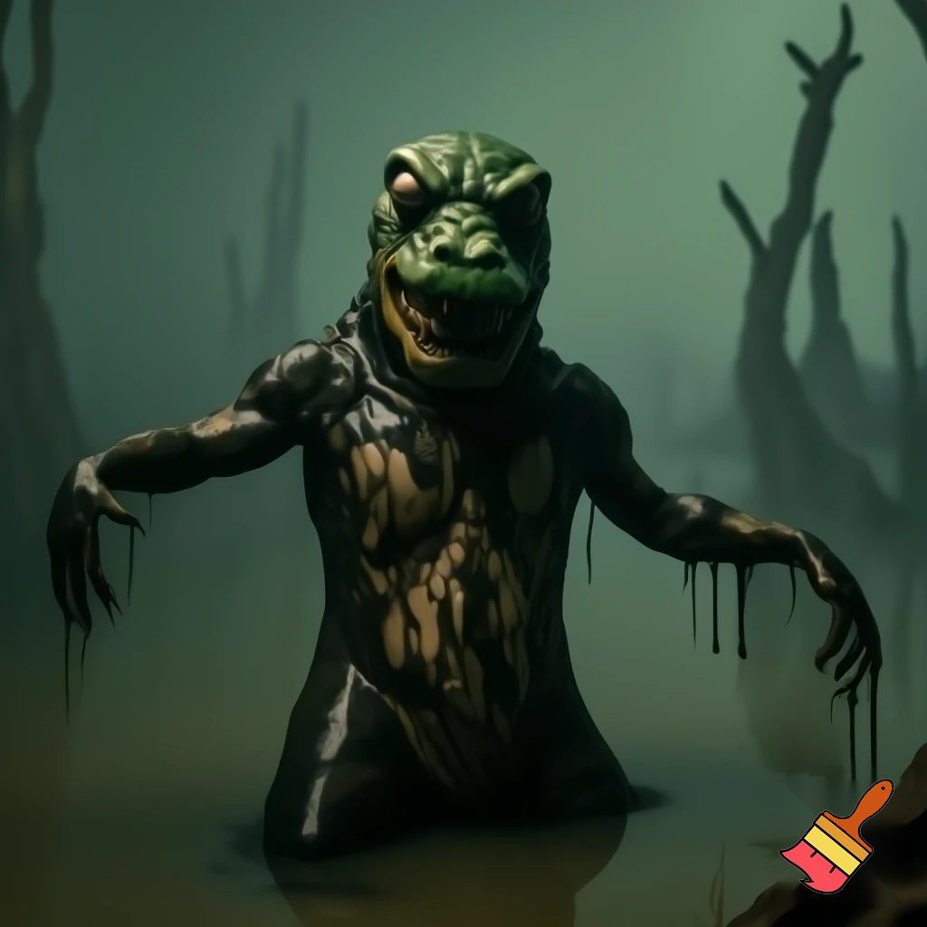 A grotesque, rotting, anthromorphic crocodile creature standing upright, its body covered in black goo, melting, and dripping like sludge, exposing its bones. The skin is swampy green, black, and sickly brown, with patches of rot and ooze and entirely made out of gunk. Eyes bulging in horror, jaw hanging loosely, teeth crooked and partially dissolved and has a deformed smile. The creature’s limbs stretch out as goo drips from its claws exposing its skeletal fingers. It's appearance, also zombie-like and deformed. Surround it with an eerie, fog-filled swamp: twisted dead trees, murky water, dim green-gray light, and a haunting atmosphere. Highly detailed, creepy, and surreal. 