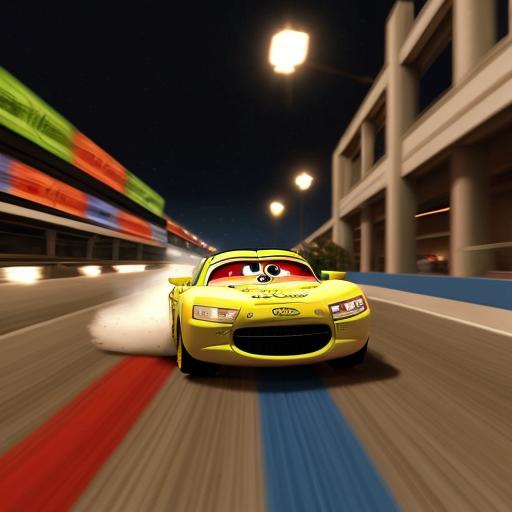 He racing speeding in piston cup dinoco 400 from cars 2006 in night scene stay in character model please 