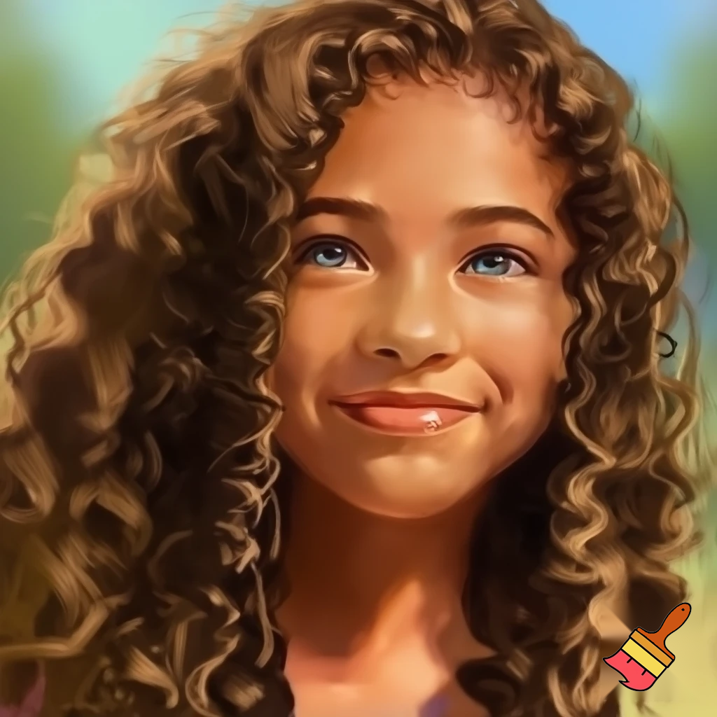 A 12 year old girl with curly hair blue eyes with tan skin