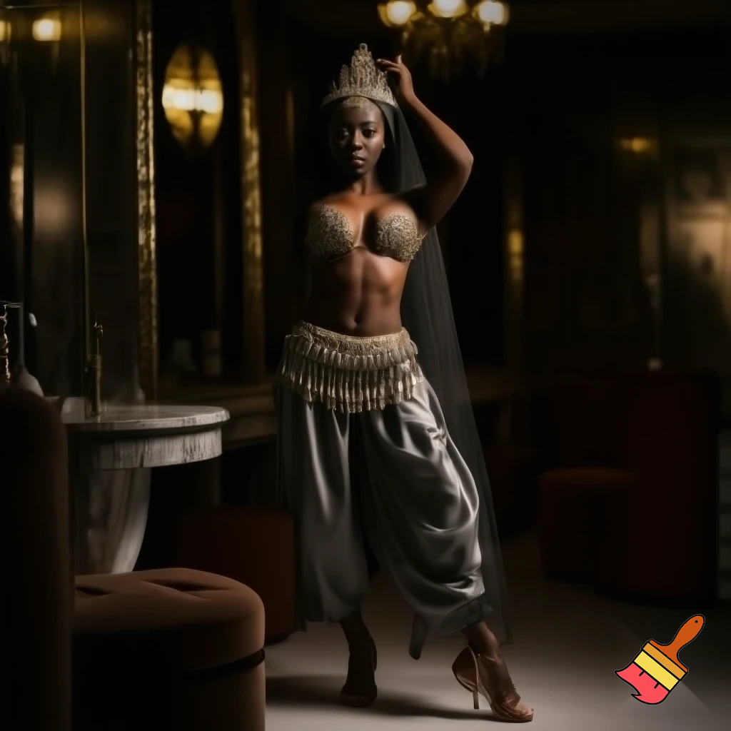 Attractive Moroccan woman with dark skin wearing a headpiece, a veil, ornate cuffs, a bejeweled bra, a coin belt, harem pants and ballroom dance shoes in a restroom  