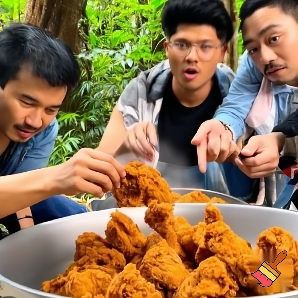 Hazme una grupo de personas en la selva cocinando pollo frito KFC