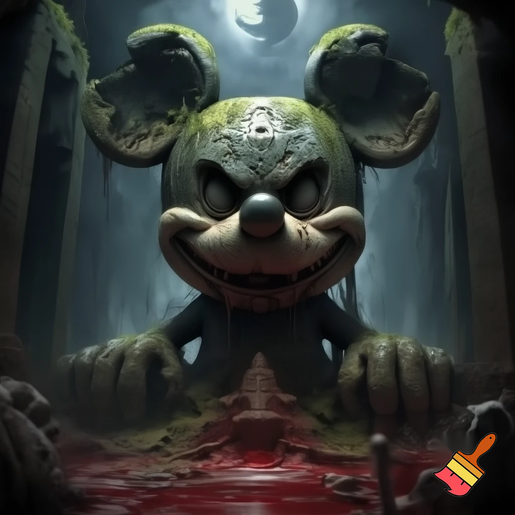 Ancient stone idol of Mickey Mouse with blood sacrifice outside Burial 